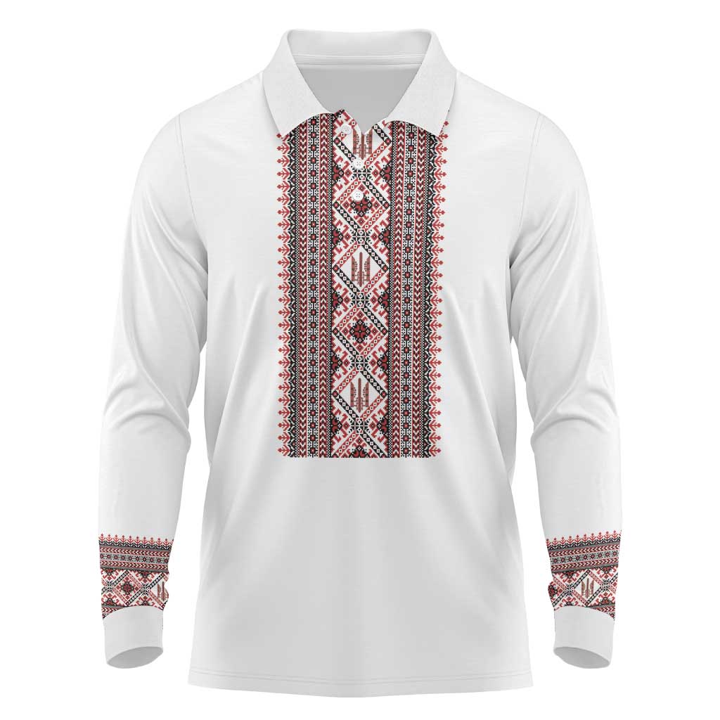 Personalized Ukrainian Trident Long Sleeve Polo Shirt White Tryzub Vyshyvanka Pattern - Wonder Print Shop