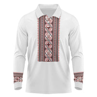 Personalized Ukrainian Trident Long Sleeve Polo Shirt White Tryzub Vyshyvanka Pattern - Wonder Print Shop
