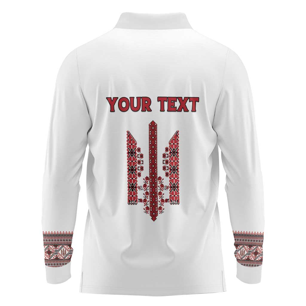 Personalized Ukrainian Trident Long Sleeve Polo Shirt White Tryzub Vyshyvanka Pattern - Wonder Print Shop