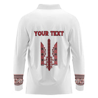 Personalized Ukrainian Trident Long Sleeve Polo Shirt White Tryzub Vyshyvanka Pattern - Wonder Print Shop