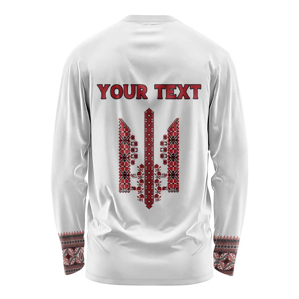 Personalized Ukrainian Trident Long Sleeve Shirt White Tryzub Vyshyvanka Pattern - Wonder Print Shop