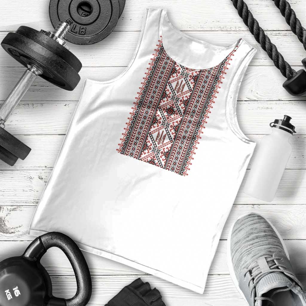 Personalized Ukrainian Trident Men Tank Top White Tryzub Vyshyvanka Pattern - Wonder Print Shop