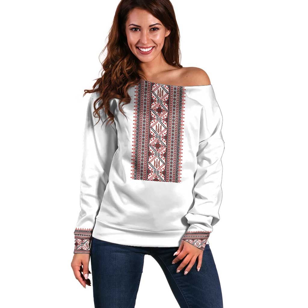 Personalized Ukrainian Trident Off Shoulder Sweater White Tryzub Vyshyvanka Pattern - Wonder Print Shop