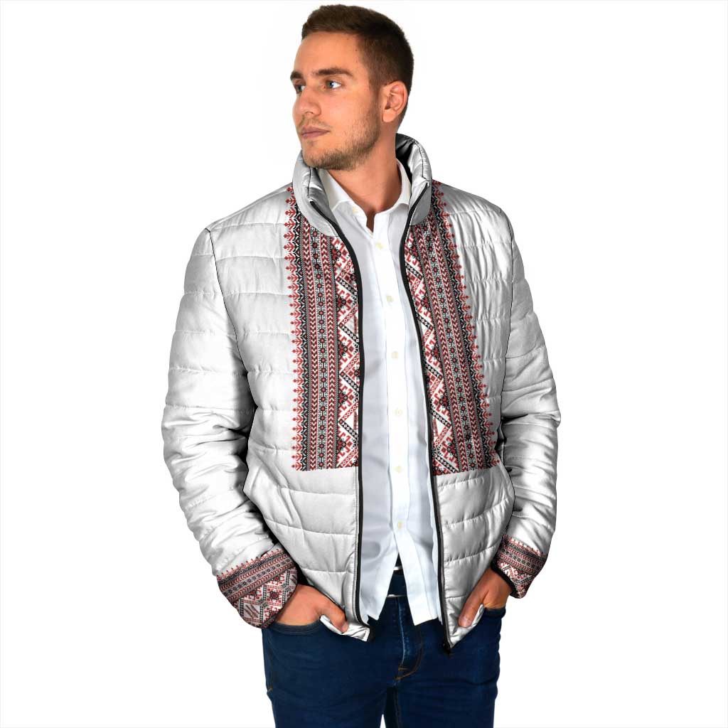 Personalized Ukrainian Trident Padded Jacket White Tryzub Vyshyvanka Pattern - Wonder Print Shop