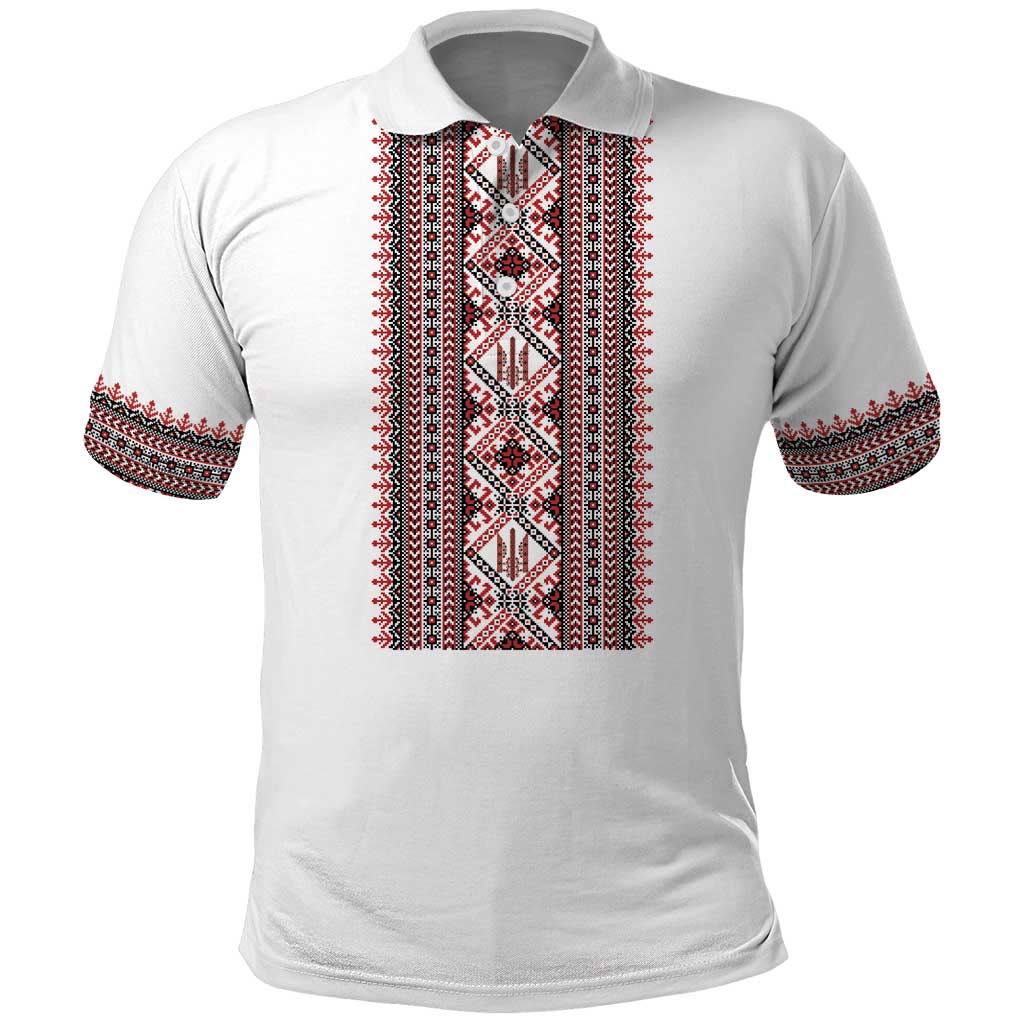 Personalized Ukrainian Trident Polo Shirt White Tryzub Vyshyvanka Pattern - Wonder Print Shop