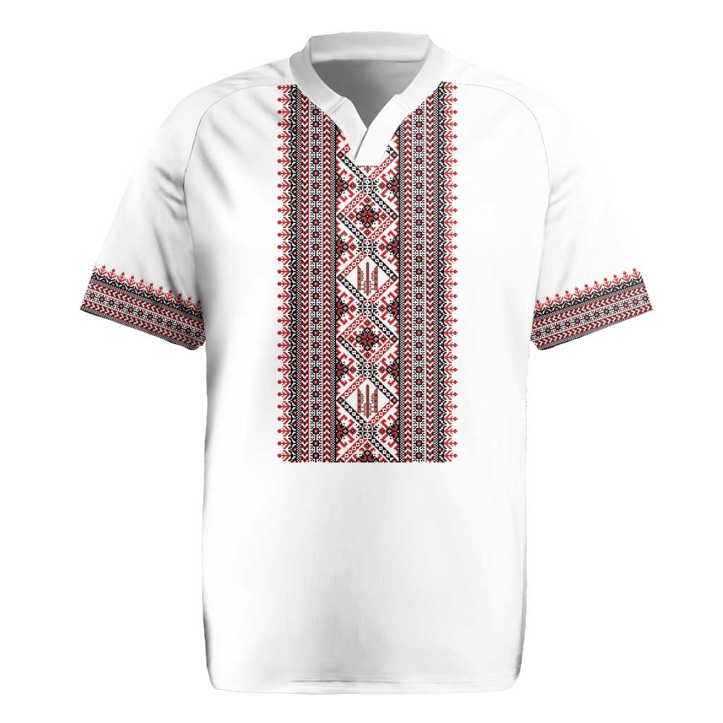 Personalized Ukrainian Trident Rugby Jersey White Tryzub Vyshyvanka Pattern - Wonder Print Shop