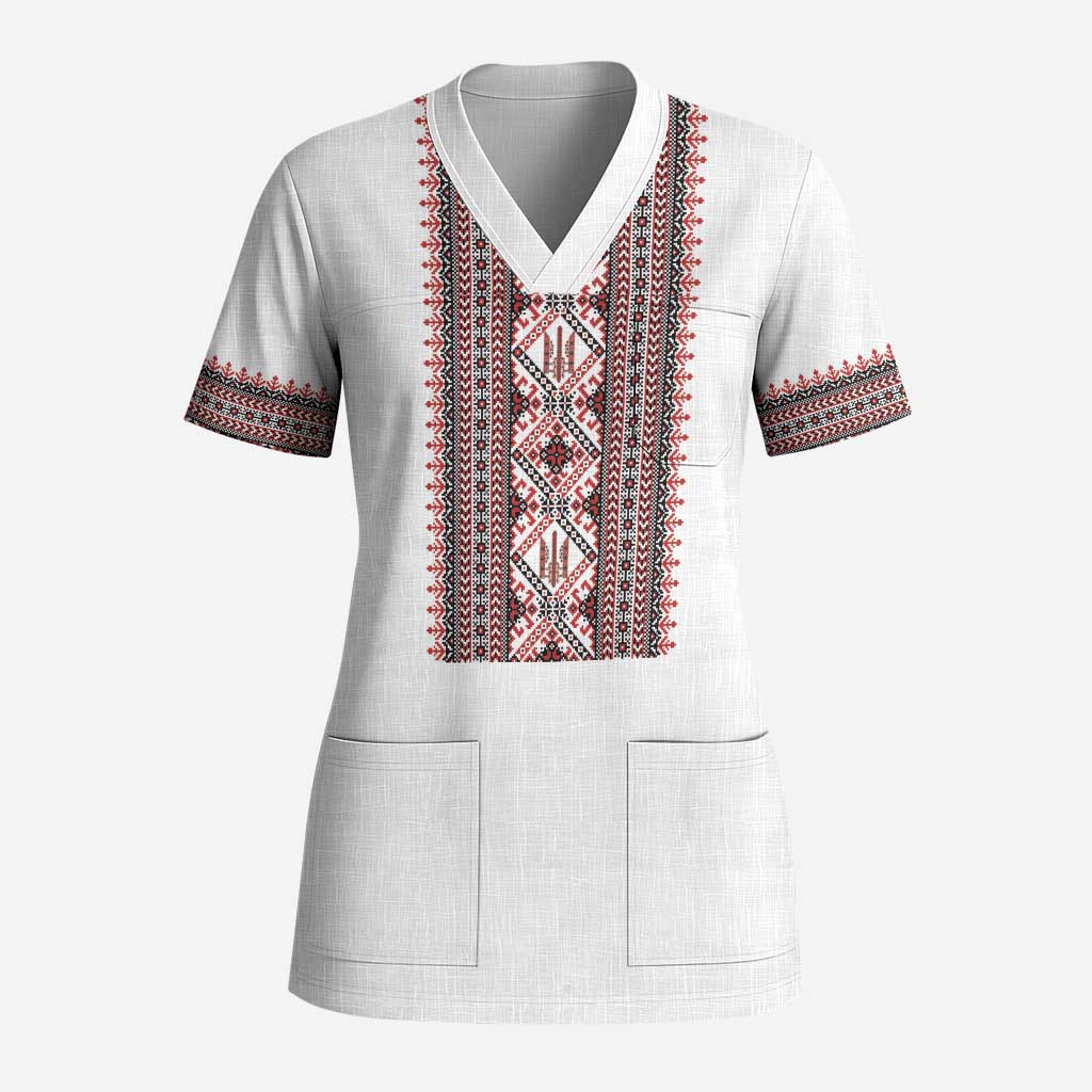 Personalized Ukrainian Trident Scrub Top White Tryzub Vyshyvanka Pattern - Wonder Print Shop