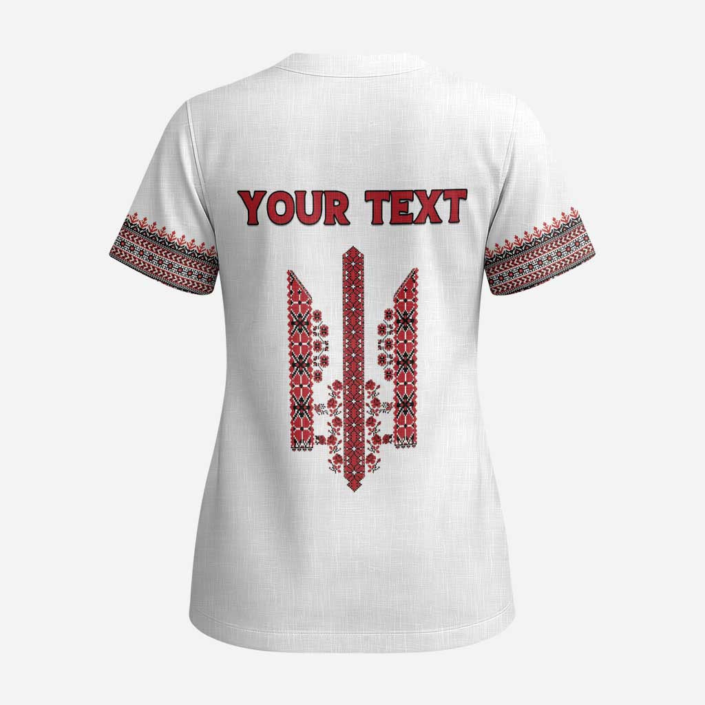 Personalized Ukrainian Trident Scrub Top White Tryzub Vyshyvanka Pattern - Wonder Print Shop