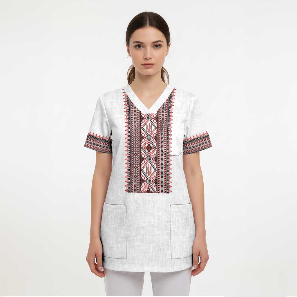 Personalized Ukrainian Trident Scrub Top White Tryzub Vyshyvanka Pattern - Wonder Print Shop