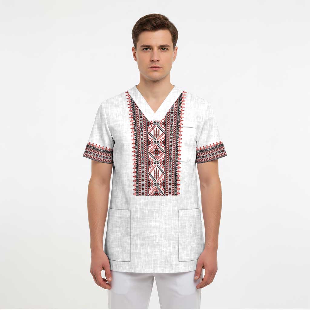 Personalized Ukrainian Trident Scrub Top White Tryzub Vyshyvanka Pattern - Wonder Print Shop