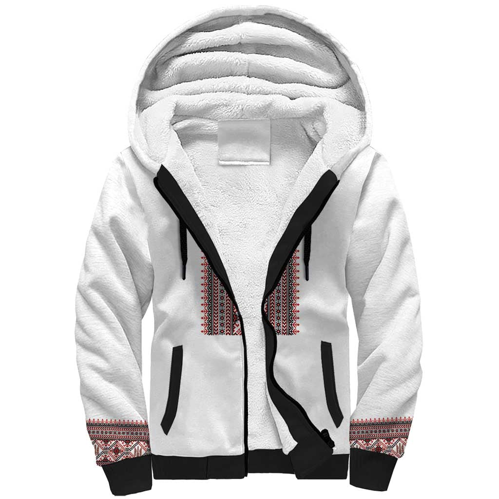 Personalized Ukrainian Trident Sherpa Hoodie White Tryzub Vyshyvanka Pattern - Wonder Print Shop