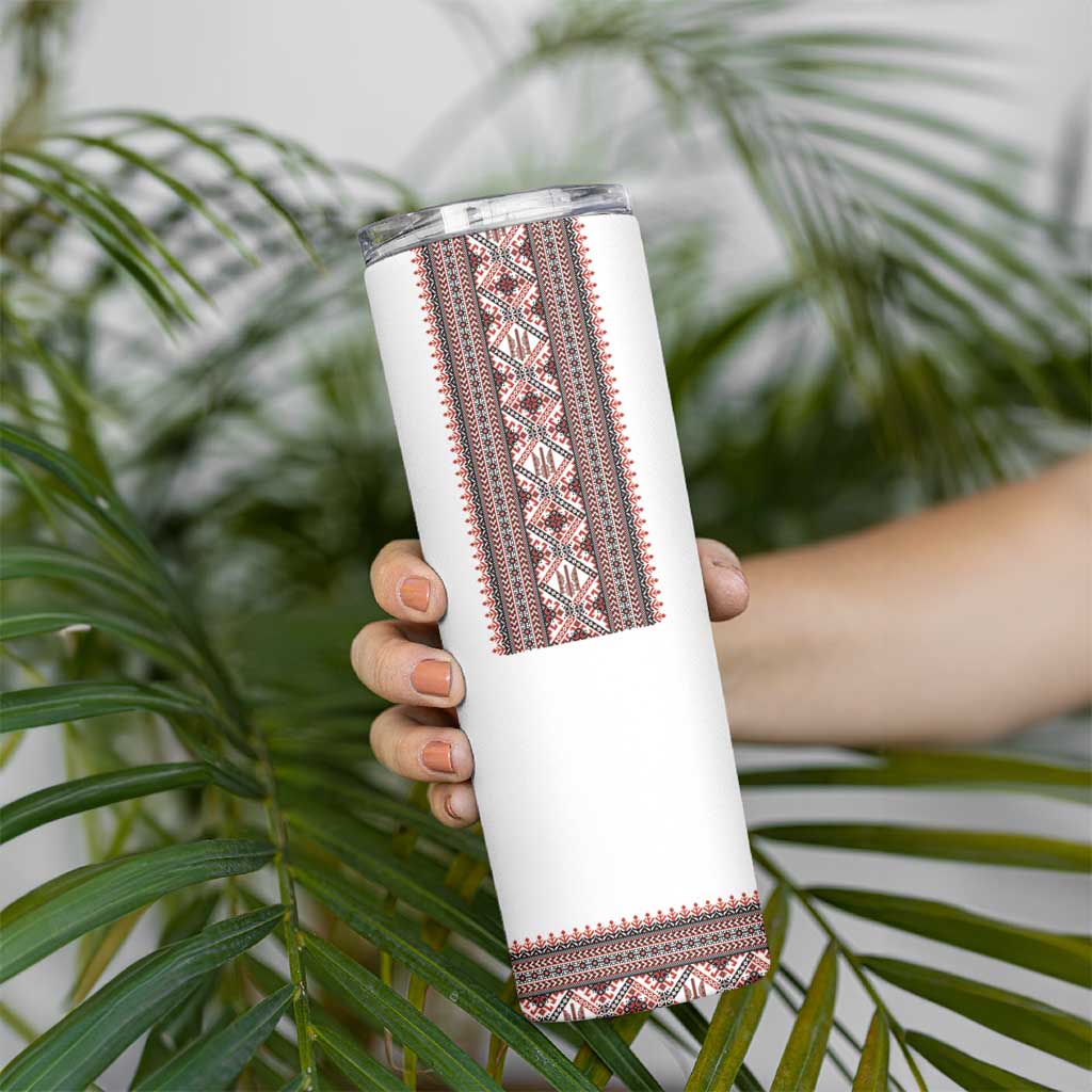 Ukrainian Trident Skinny Tumbler White Tryzub Vyshyvanka Pattern - Wonder Print Shop