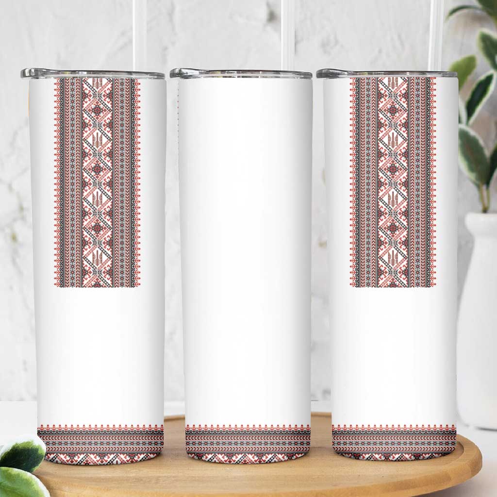 Ukrainian Trident Skinny Tumbler White Tryzub Vyshyvanka Pattern - Wonder Print Shop