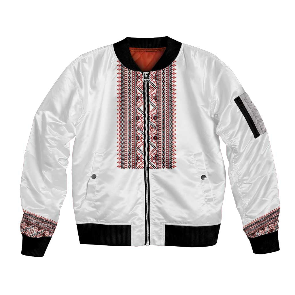 Personalized Ukrainian Trident Sleeve Zip Bomber Jacket White Tryzub Vyshyvanka Pattern - Wonder Print Shop