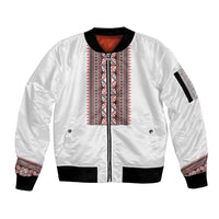 Personalized Ukrainian Trident Sleeve Zip Bomber Jacket White Tryzub Vyshyvanka Pattern - Wonder Print Shop