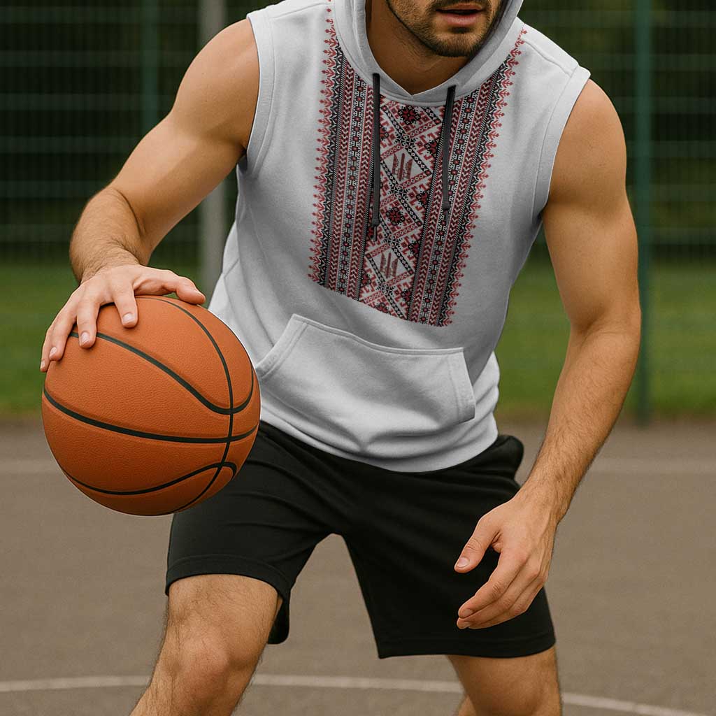 Personalized Ukrainian Trident Sleeveless Hoodie White Tryzub Vyshyvanka Pattern - Wonder Print Shop