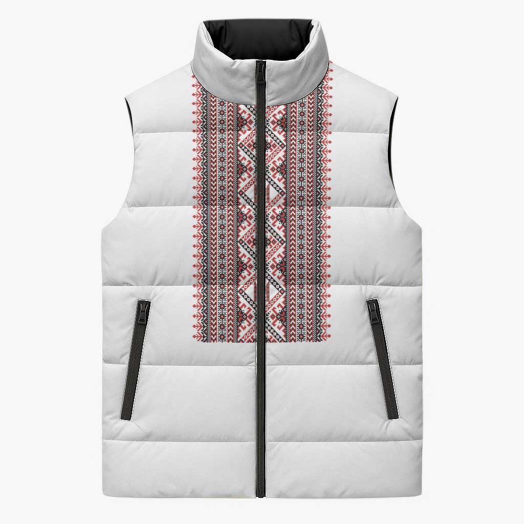 Personalized Ukrainian Trident Sleeveless Puffer Jacket White Tryzub Vyshyvanka Pattern - Wonder Print Shop