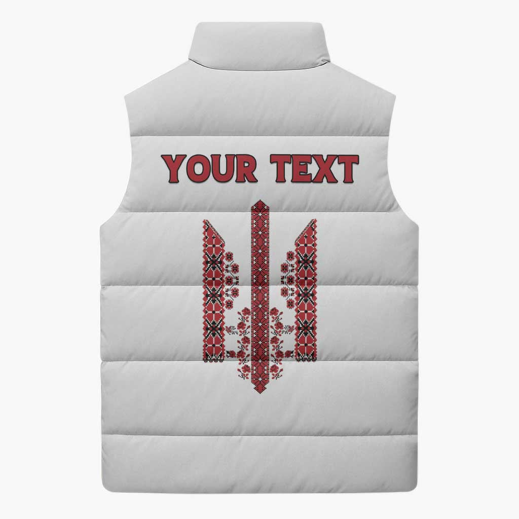 Personalized Ukrainian Trident Sleeveless Puffer Jacket White Tryzub Vyshyvanka Pattern - Wonder Print Shop