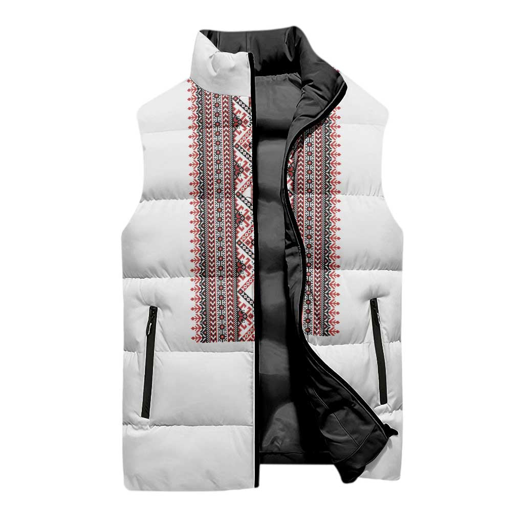 Personalized Ukrainian Trident Sleeveless Puffer Jacket White Tryzub Vyshyvanka Pattern - Wonder Print Shop