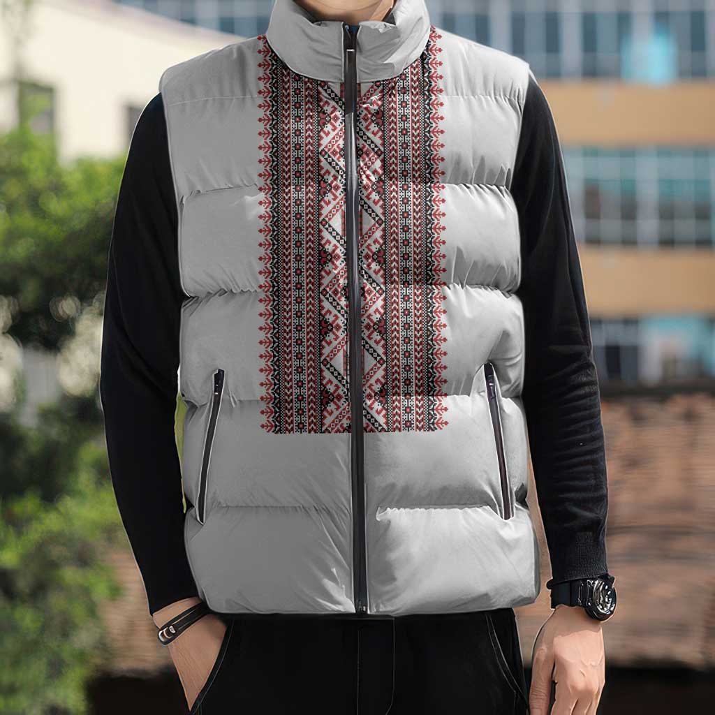 Personalized Ukrainian Trident Sleeveless Puffer Jacket White Tryzub Vyshyvanka Pattern - Wonder Print Shop