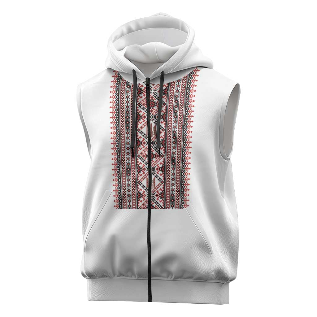 Personalized Ukrainian Trident Sleeveless Zip Hoodie White Tryzub Vyshyvanka Pattern - Wonder Print Shop