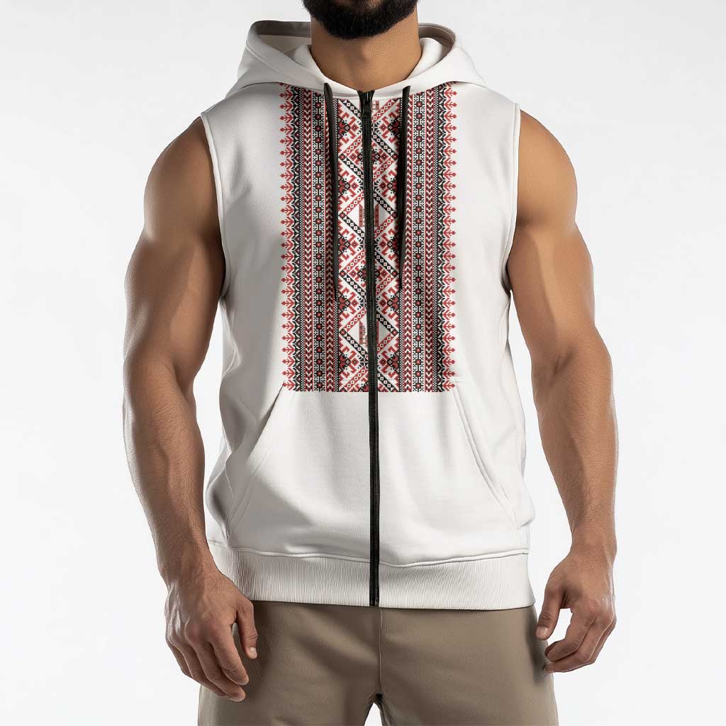 Personalized Ukrainian Trident Sleeveless Zip Hoodie White Tryzub Vyshyvanka Pattern - Wonder Print Shop
