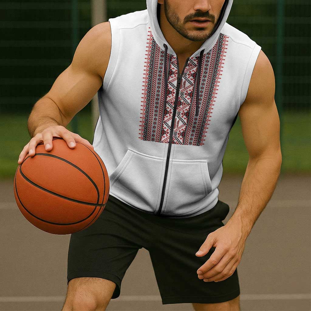 Personalized Ukrainian Trident Sleeveless Zip Hoodie White Tryzub Vyshyvanka Pattern - Wonder Print Shop