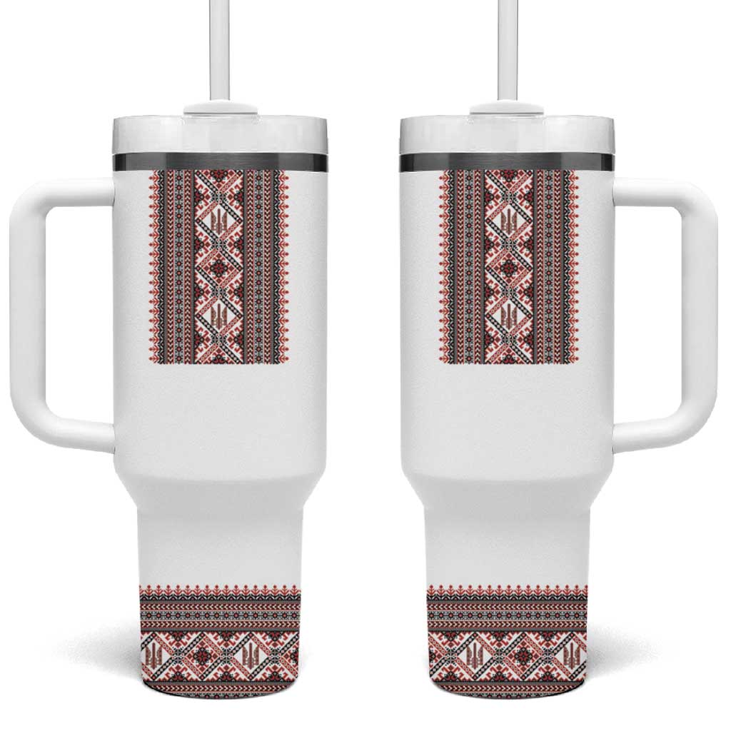 Ukrainian Trident Tumbler With Handle White Tryzub Vyshyvanka Pattern - Wonder Print Shop