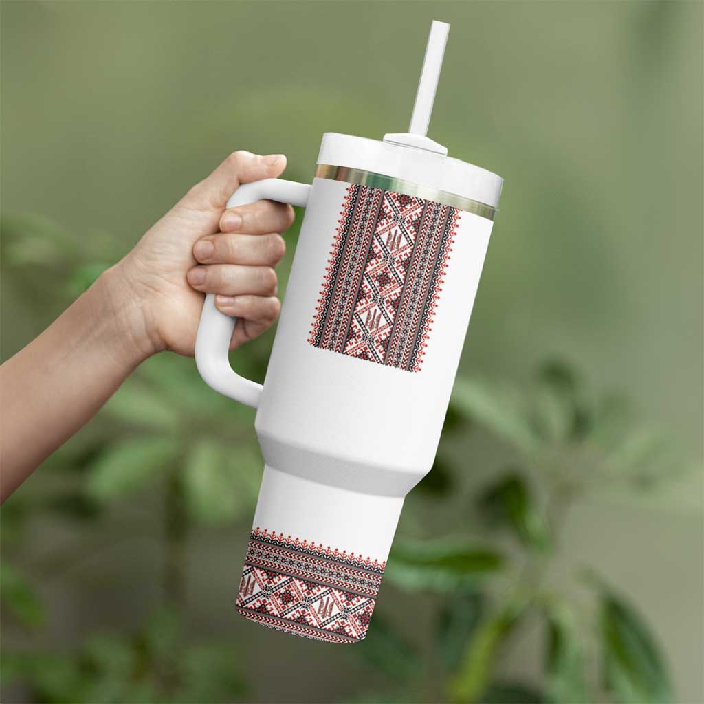 Ukrainian Trident Tumbler With Handle White Tryzub Vyshyvanka Pattern - Wonder Print Shop