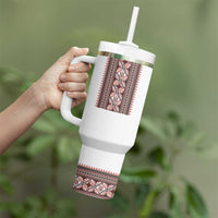 Ukrainian Trident Tumbler With Handle White Tryzub Vyshyvanka Pattern - Wonder Print Shop