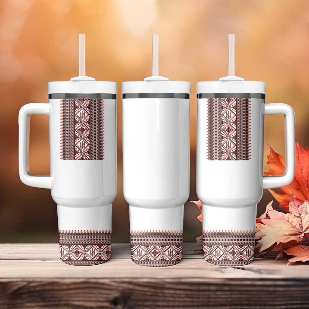 Ukrainian Trident Tumbler With Handle White Tryzub Vyshyvanka Pattern - Wonder Print Shop