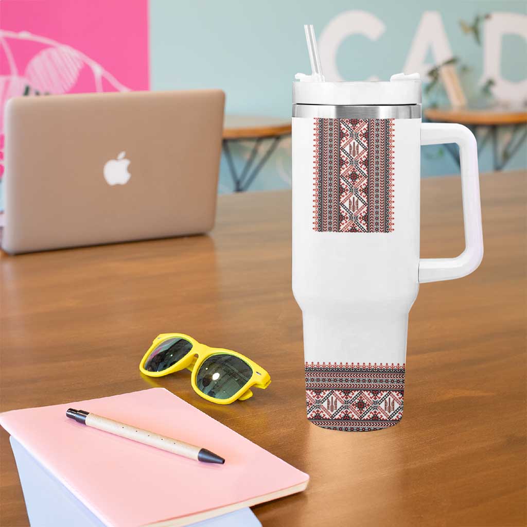 Ukrainian Trident Tumbler With Handle White Tryzub Vyshyvanka Pattern - Wonder Print Shop