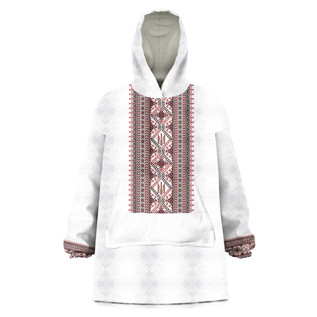 Personalized Ukrainian Trident Wearable Blanket Hoodie White Tryzub Vyshyvanka Pattern - Wonder Print Shop