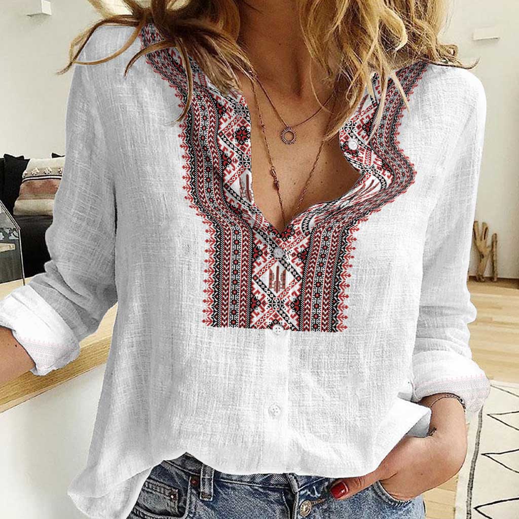 Personalized Ukrainian Trident Women Casual Shirt White Tryzub Vyshyvanka Pattern - Wonder Print Shop