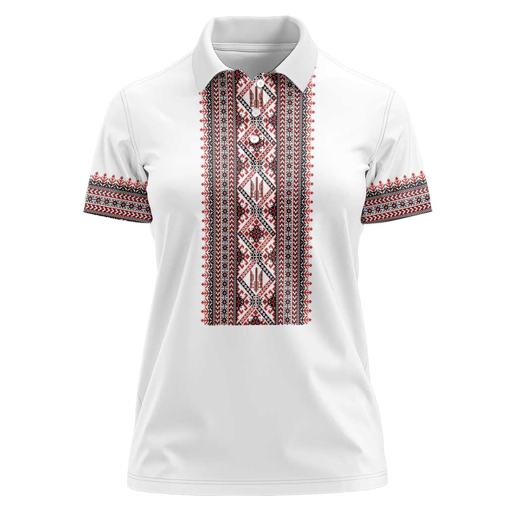 Personalized Ukrainian Trident Women Polo Shirt White Tryzub Vyshyvanka Pattern - Wonder Print Shop