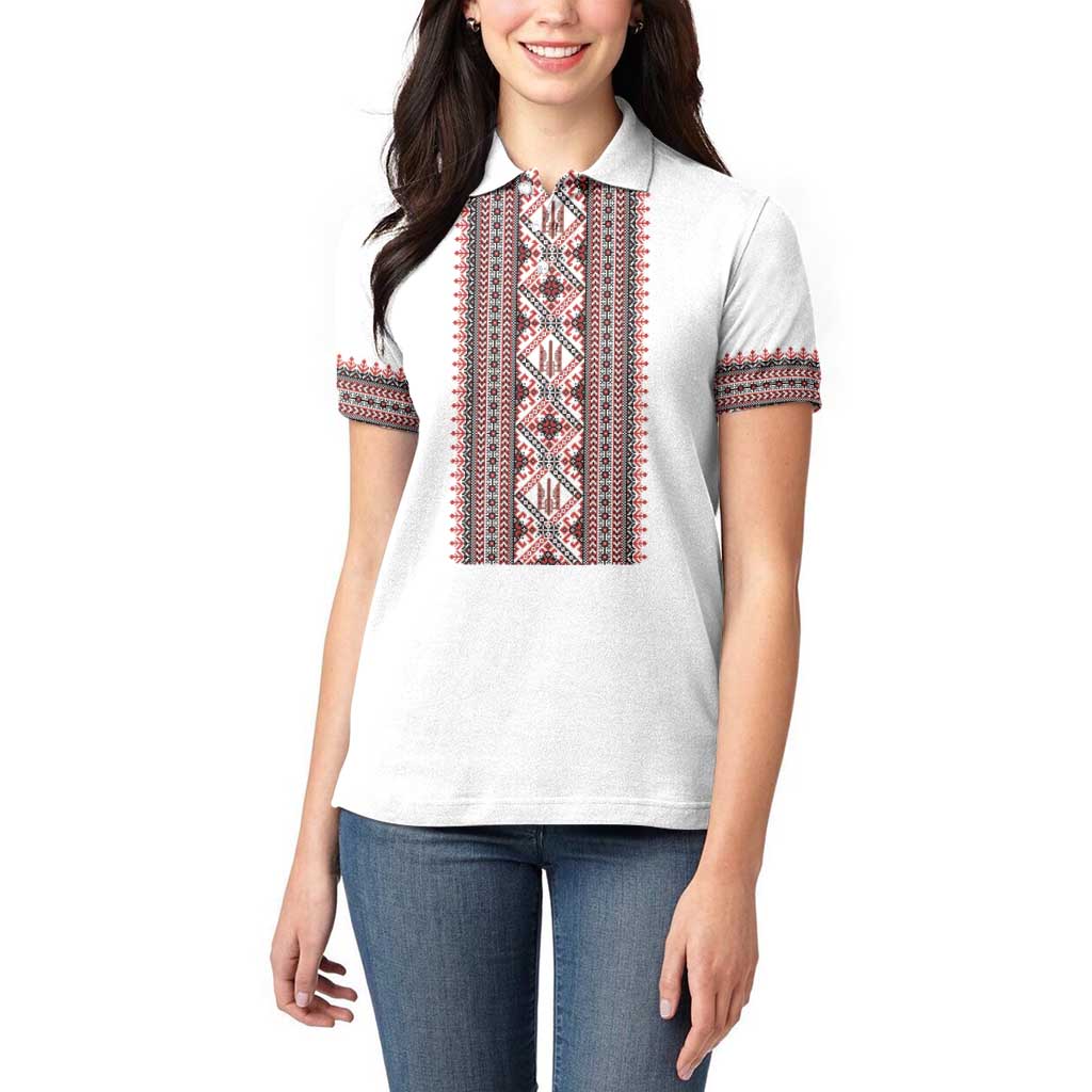 Personalized Ukrainian Trident Women Polo Shirt White Tryzub Vyshyvanka Pattern - Wonder Print Shop
