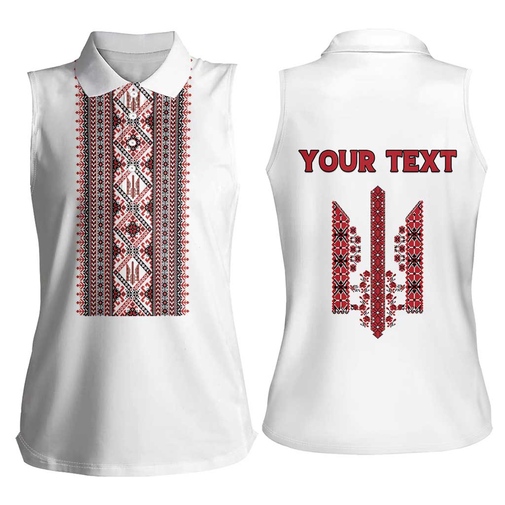 Personalized Ukrainian Trident Women Sleeveless Polo Shirt White Tryzub Vyshyvanka Pattern - Wonder Print Shop