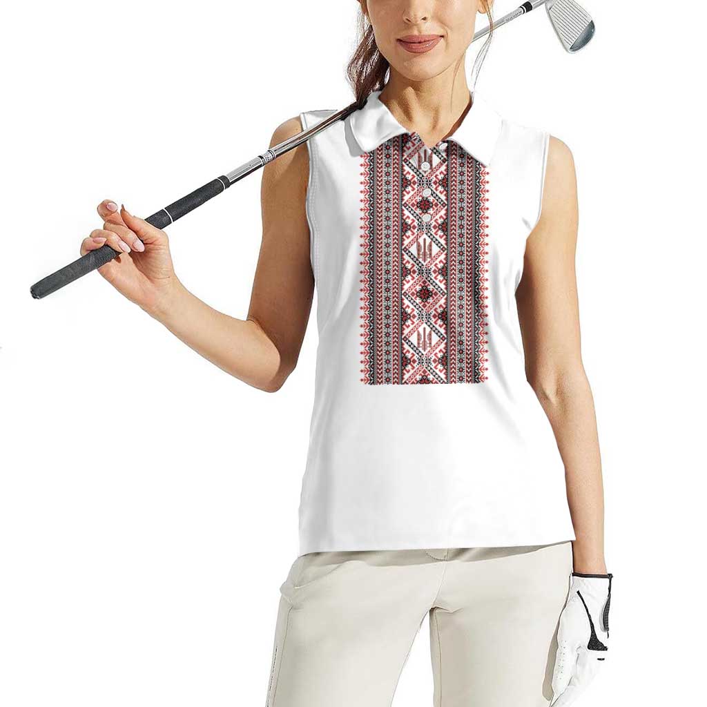 Personalized Ukrainian Trident Women Sleeveless Polo Shirt White Tryzub Vyshyvanka Pattern - Wonder Print Shop