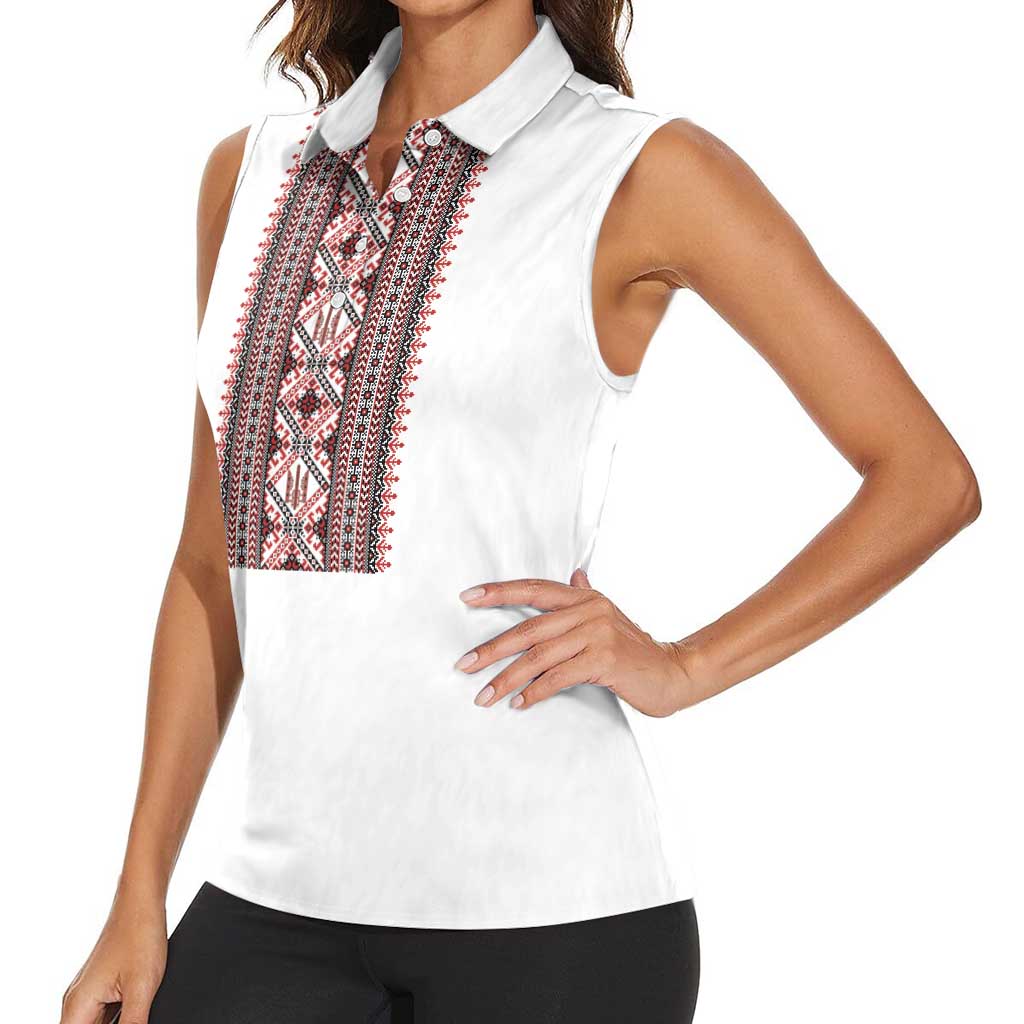 Personalized Ukrainian Trident Women Sleeveless Polo Shirt White Tryzub Vyshyvanka Pattern - Wonder Print Shop