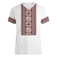 Personalized Ukrainian Trident Women V-Neck T-Shirt White Tryzub Vyshyvanka Pattern - Wonder Print Shop