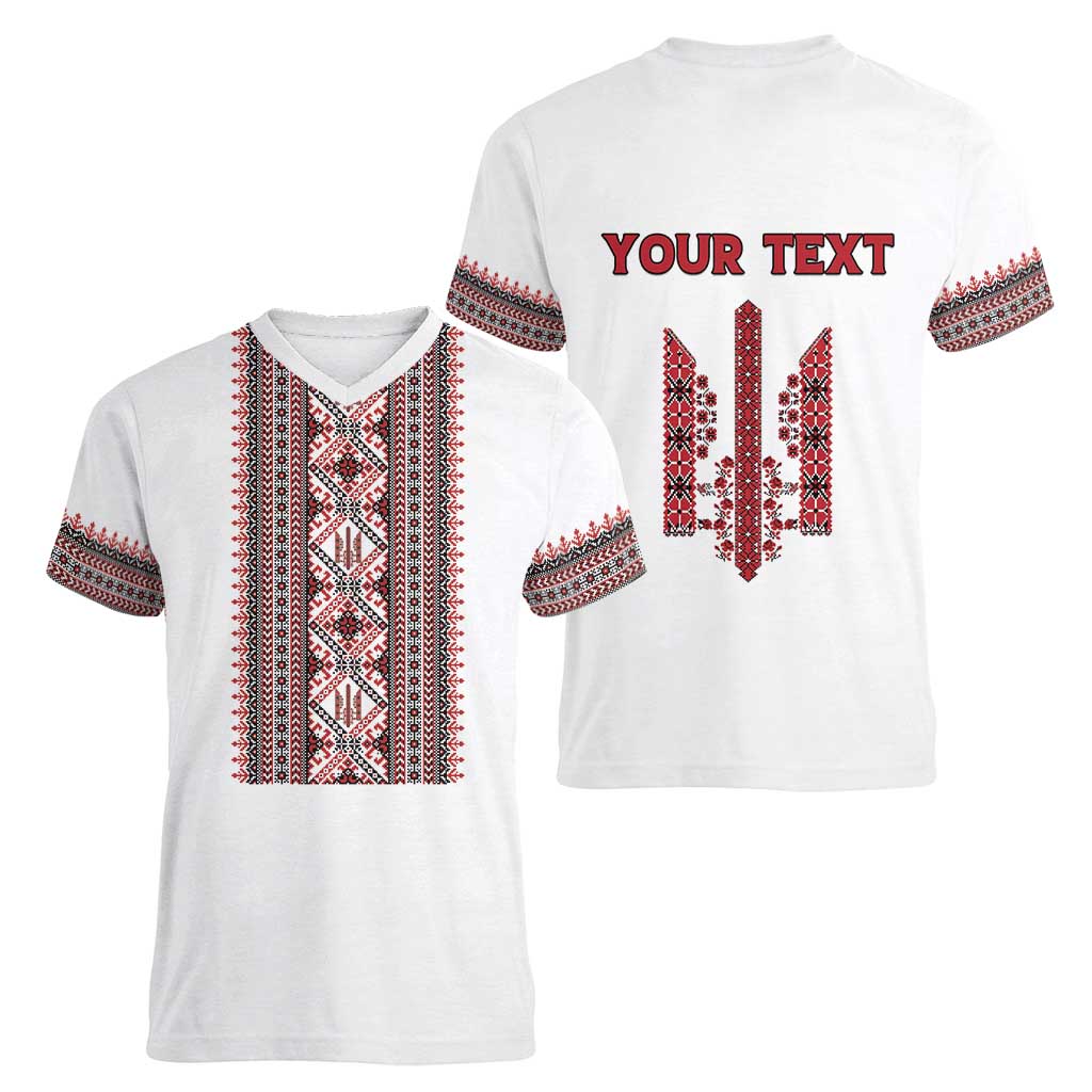 Personalized Ukrainian Trident Women V-Neck T-Shirt White Tryzub Vyshyvanka Pattern - Wonder Print Shop