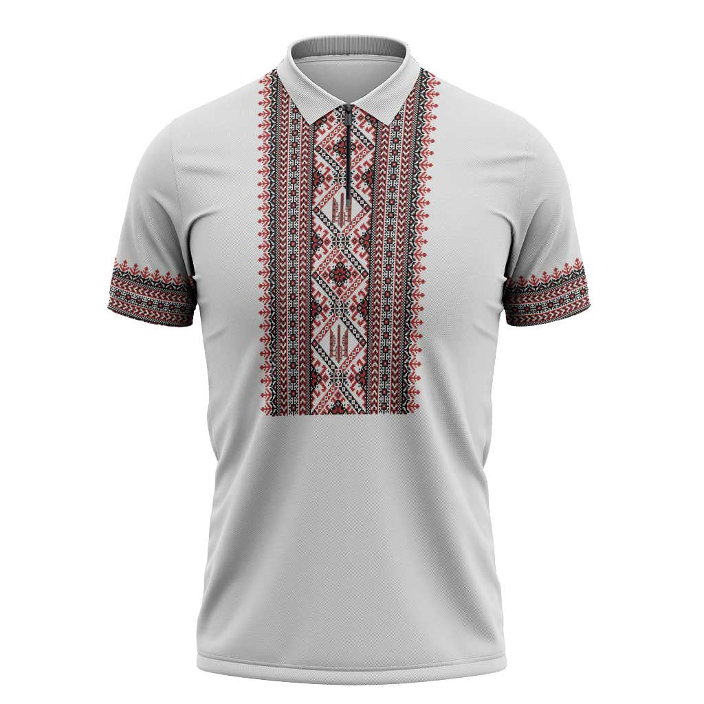 Personalized Ukrainian Trident Zipper Polo Shirt White Tryzub Vyshyvanka Pattern - Wonder Print Shop