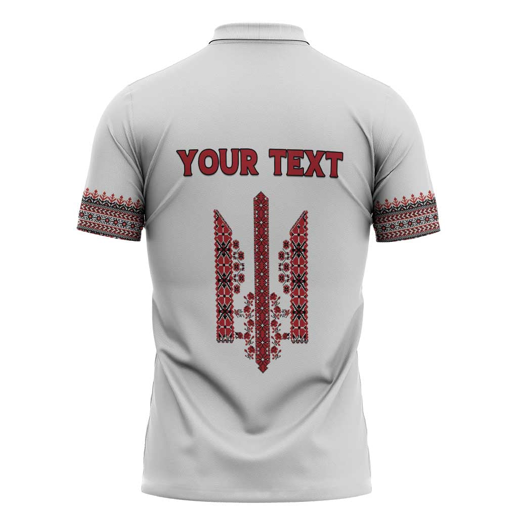 Personalized Ukrainian Trident Zipper Polo Shirt White Tryzub Vyshyvanka Pattern - Wonder Print Shop