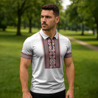 Personalized Ukrainian Trident Zipper Polo Shirt White Tryzub Vyshyvanka Pattern - Wonder Print Shop