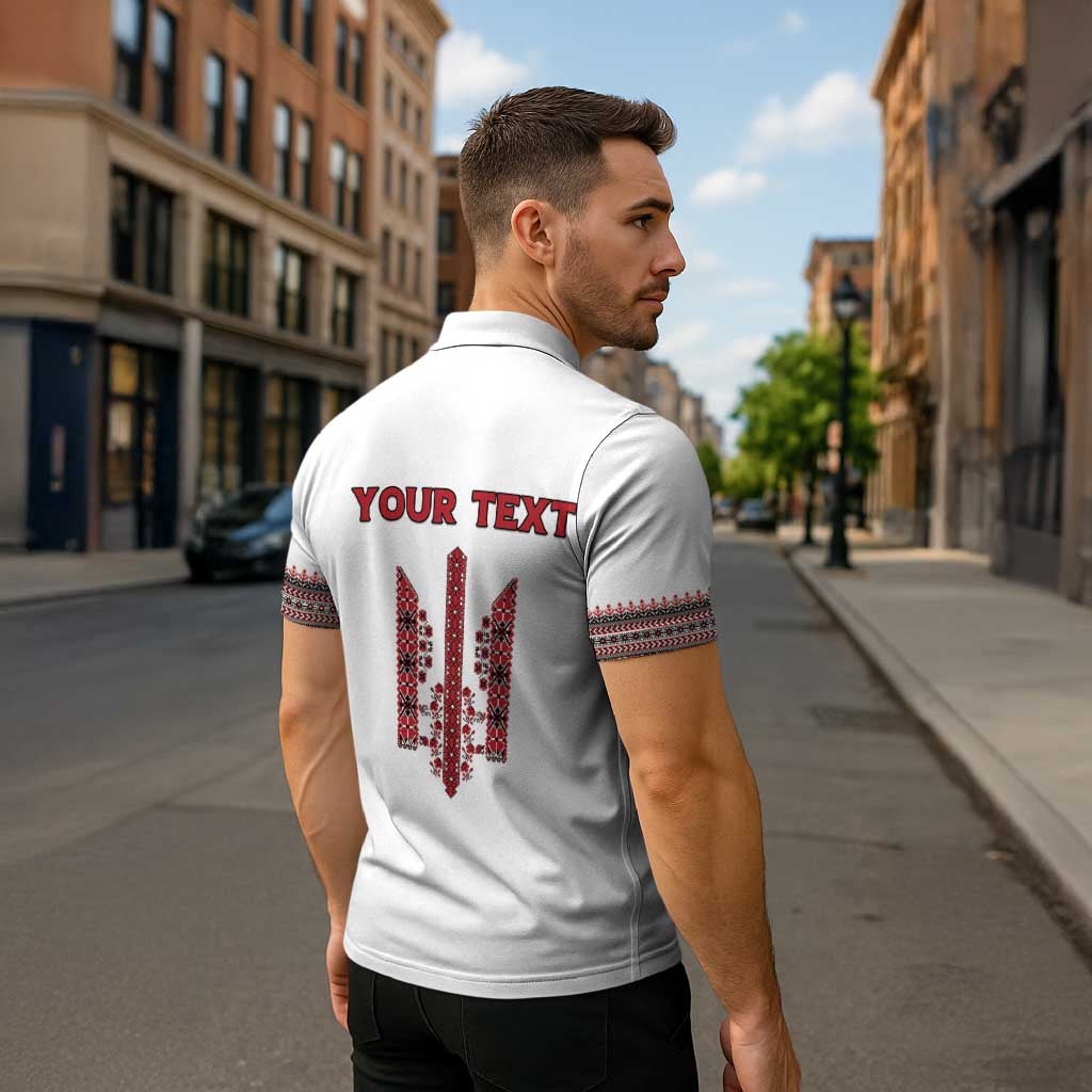 Personalized Ukrainian Trident Zipper Polo Shirt White Tryzub Vyshyvanka Pattern - Wonder Print Shop