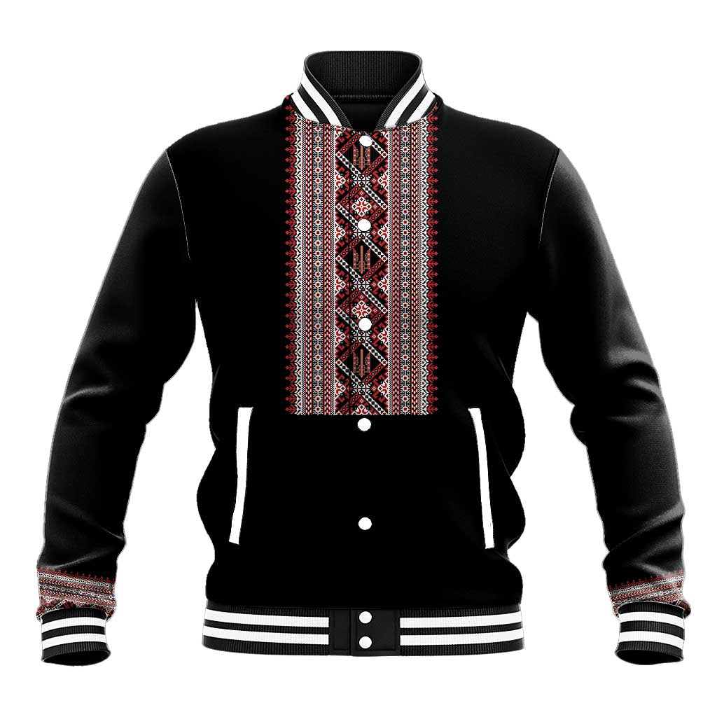 Personalized Ukrainian Trident Baseball Jacket Black Tryzub Vyshyvanka Pattern - Wonder Print Shop
