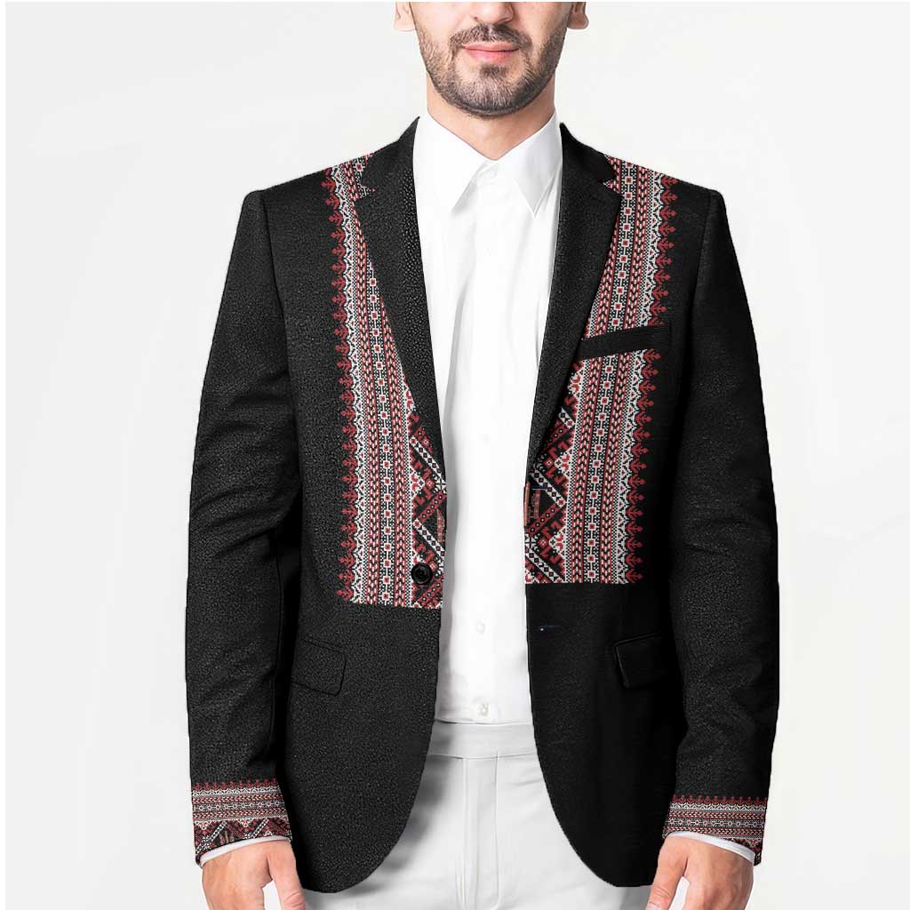 Personalized Ukrainian Trident Blazer Black Tryzub Vyshyvanka Pattern - Wonder Print Shop