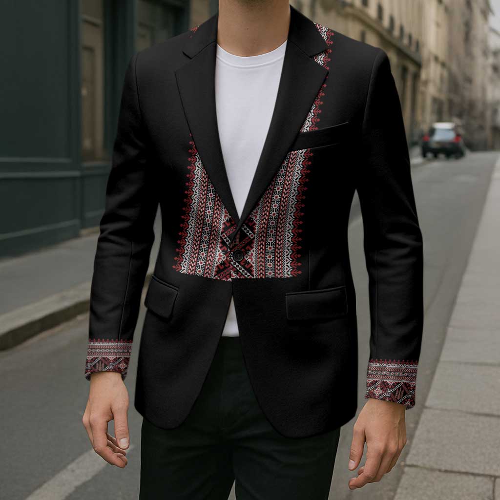 Personalized Ukrainian Trident Blazer Black Tryzub Vyshyvanka Pattern - Wonder Print Shop