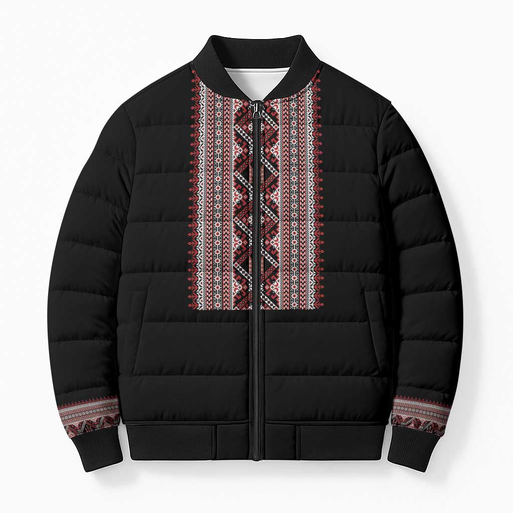 Personalized Ukrainian Trident Bomber Puffer Jacket Black Tryzub Vyshyvanka Pattern - Wonder Print Shop