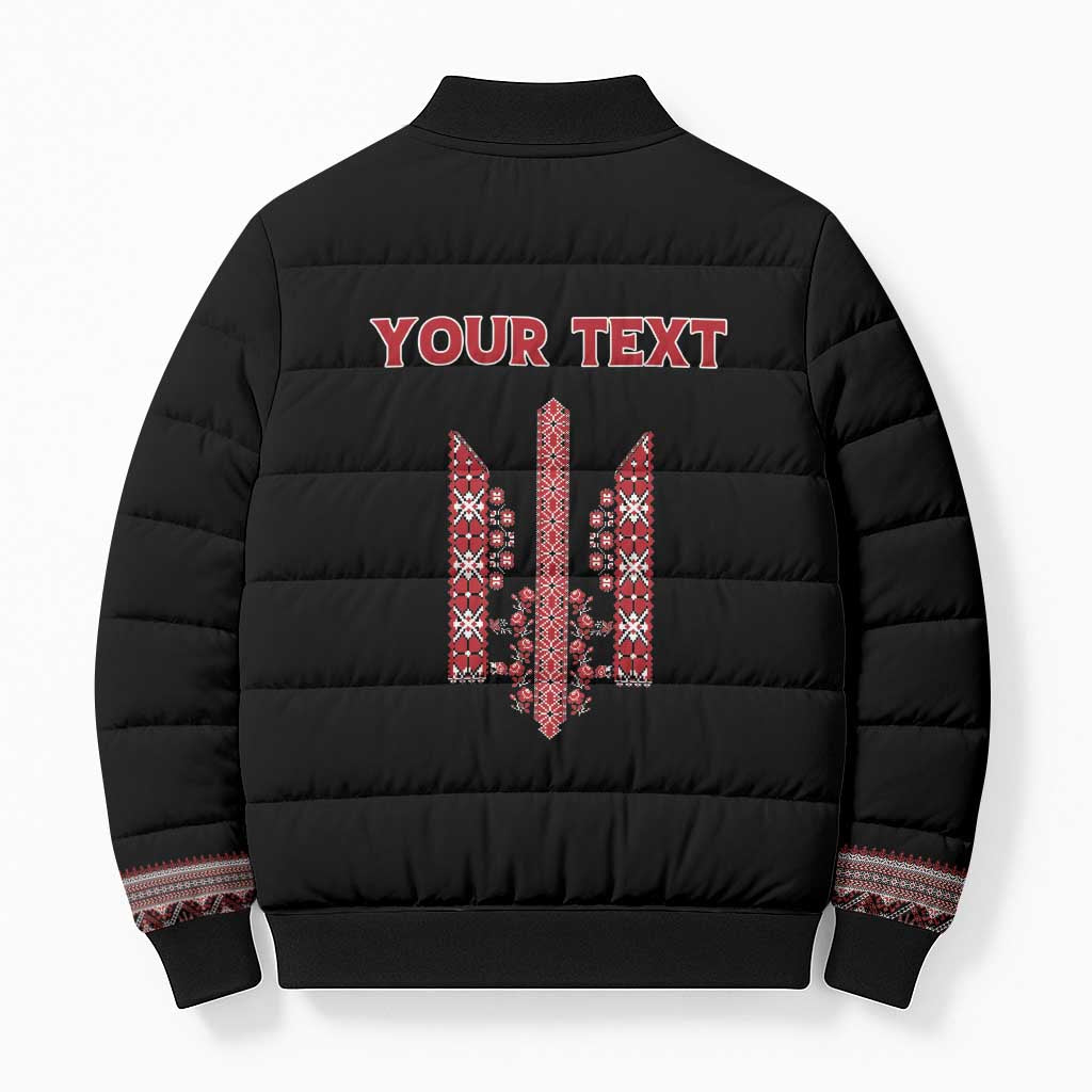 Personalized Ukrainian Trident Bomber Puffer Jacket Black Tryzub Vyshyvanka Pattern - Wonder Print Shop